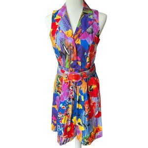 Spense Dress Womens Sz 6 Artsy Bright Avante Guard Collared Belt Pockets Midi